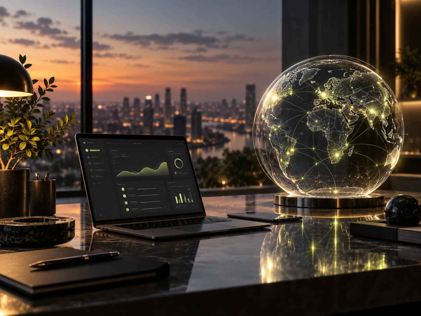 AI-generated concept image of a digital globe and software workspace representing remote delivery from Krusam's India engineering headquarters.