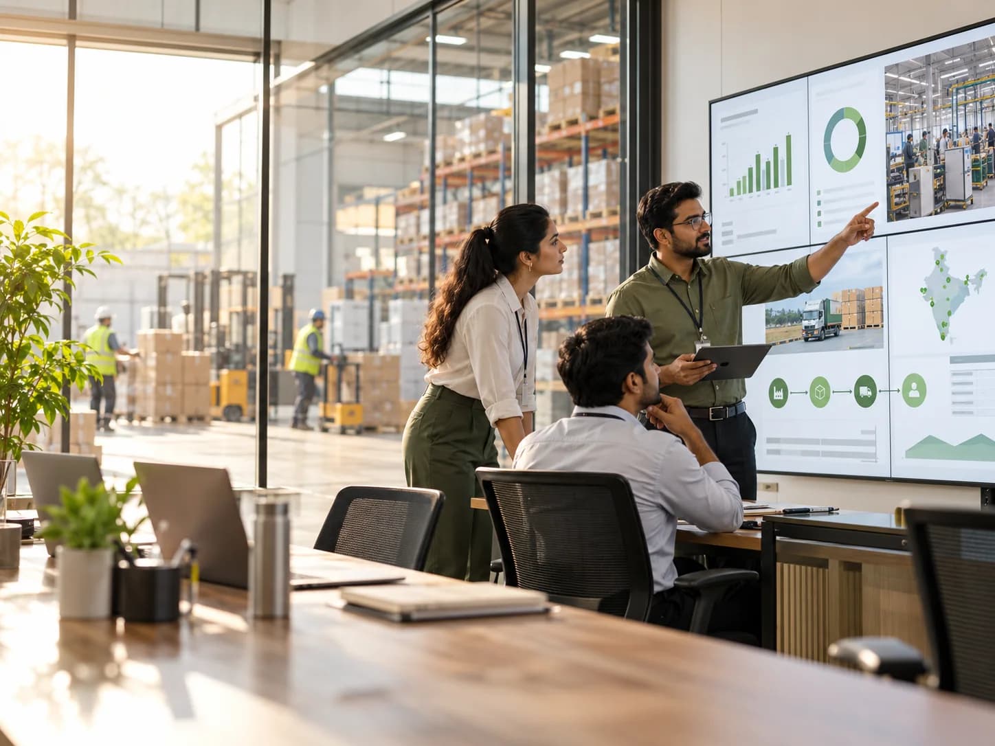 Operations team reviewing ERP workflows in a manufacturing and distribution workspace