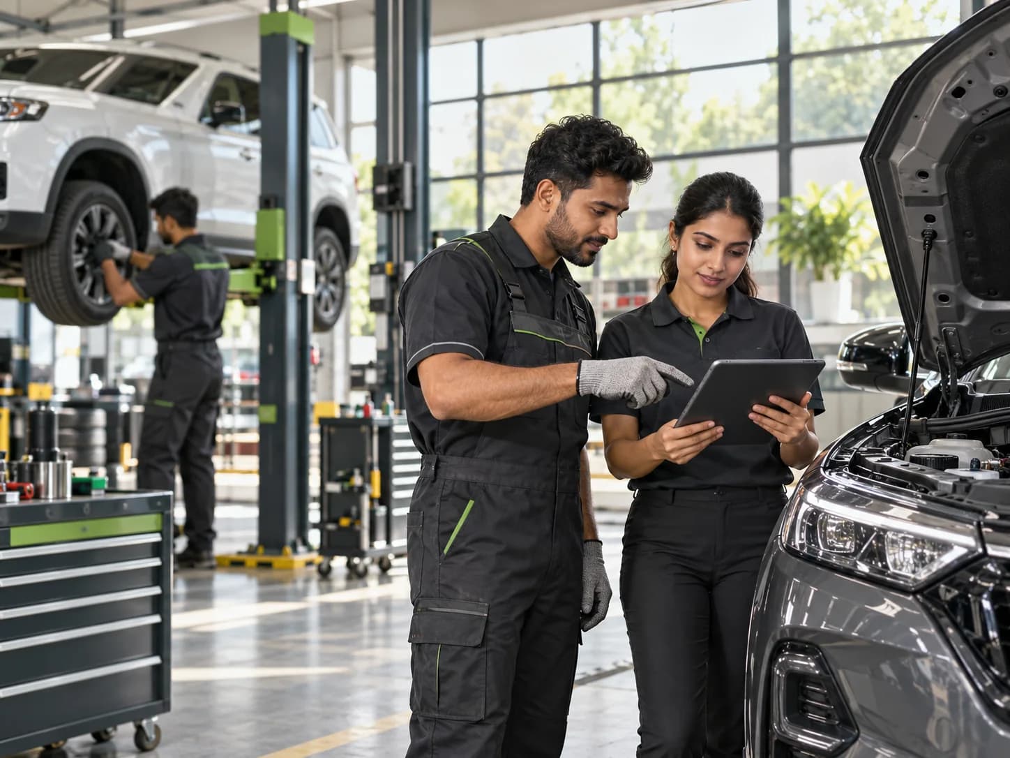 Automotive workshop software concept with vehicle inspection and digital job workflows
