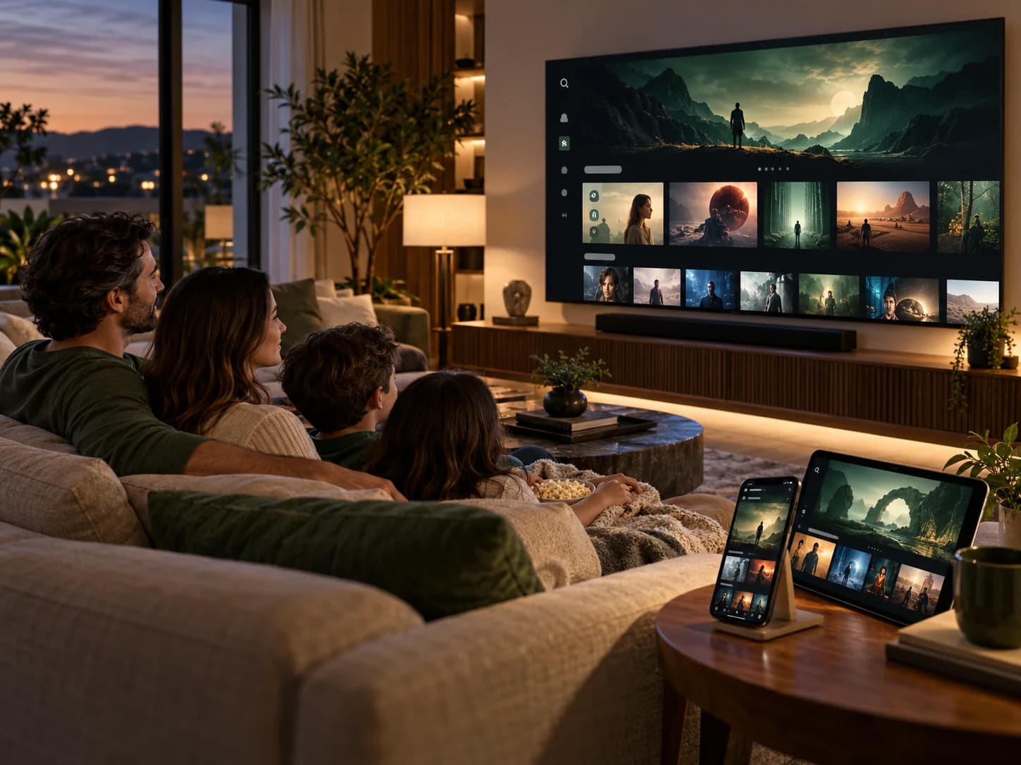 Immersive streaming service concept showing a branded OTT catalog across connected screens
