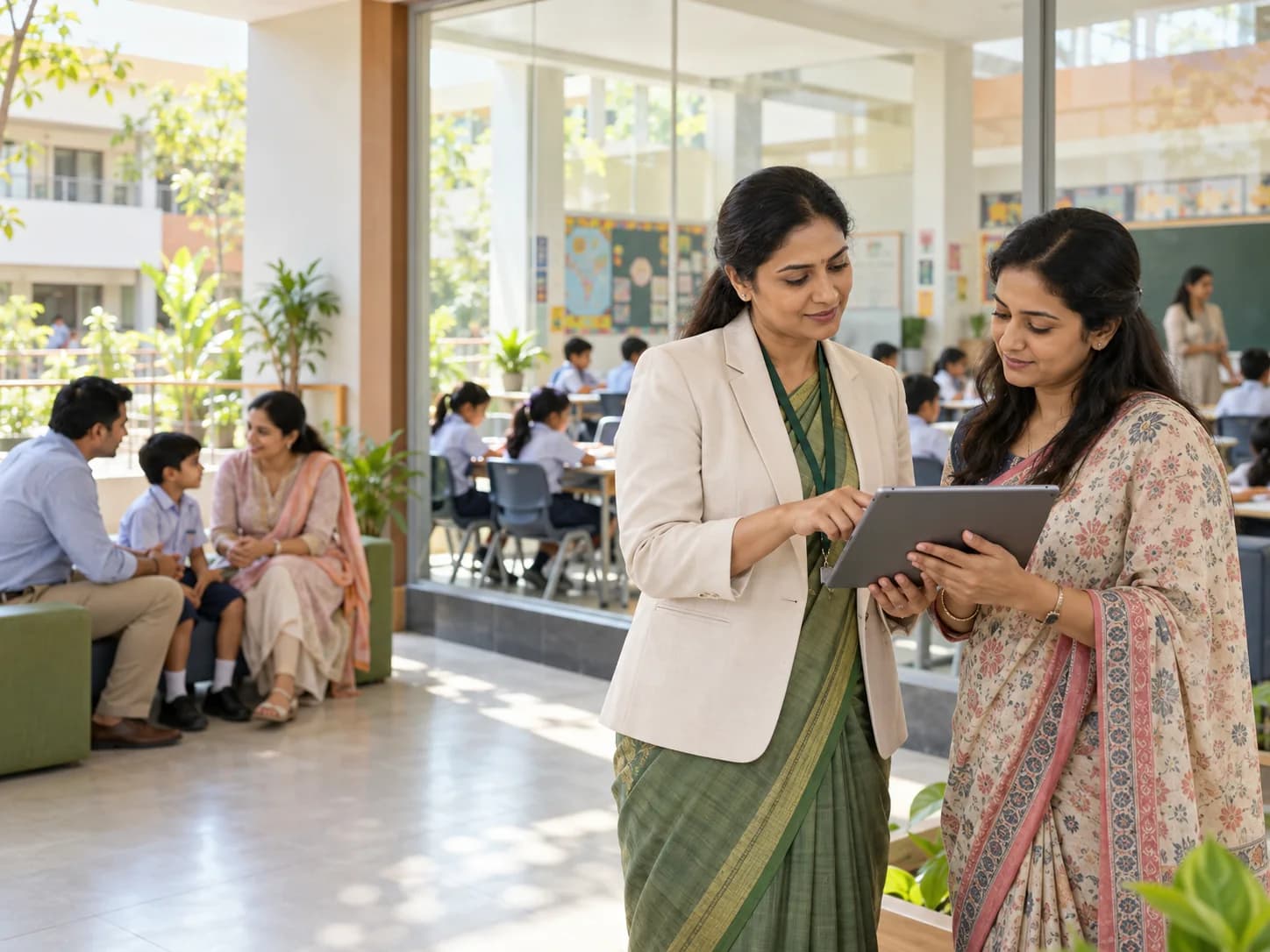 School administrator and teacher coordinating school workflows on a tablet