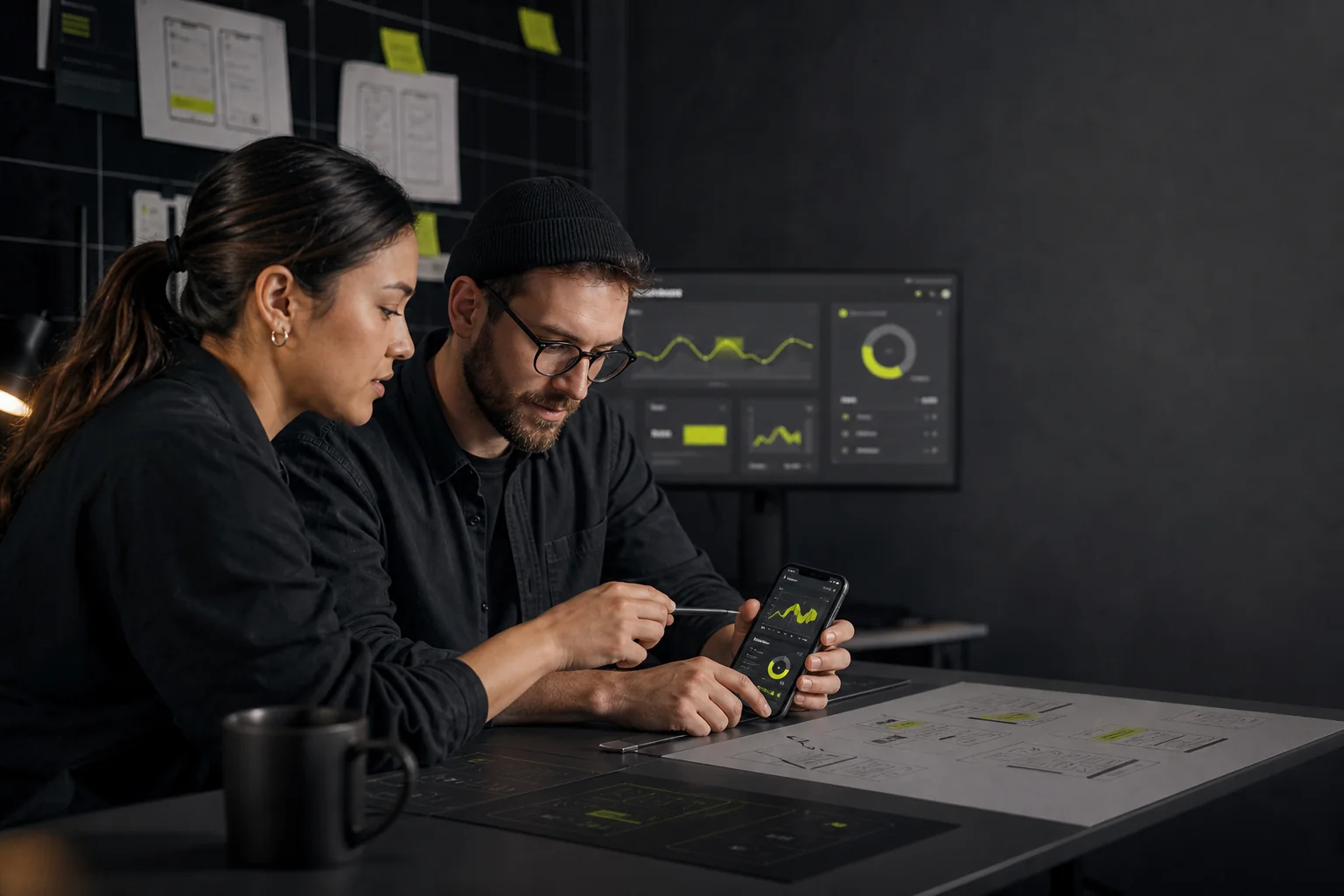Product designer and software engineer reviewing a mobile product prototype