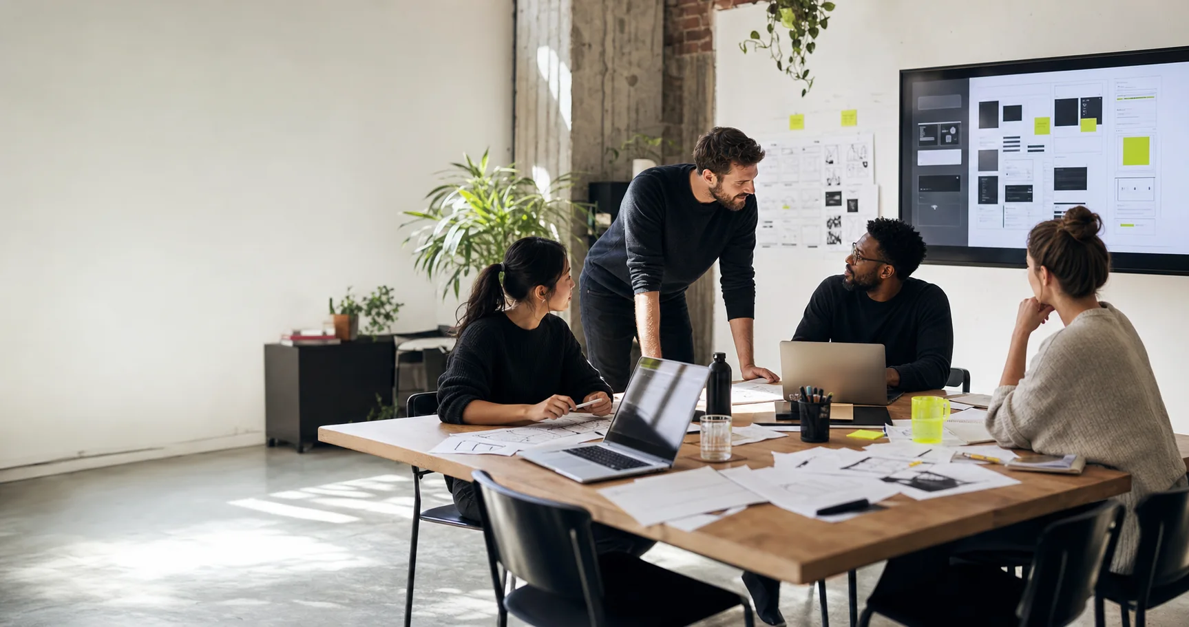 Digital product specialists collaborating on interface designs in the Krusam studio